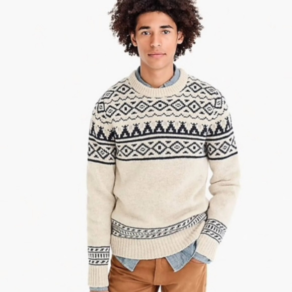 J. Crew Wallace & Barnes Fair Isle Sweater Medium Blue 100% Wool Grandpa Nordic - Picture 2 of 9